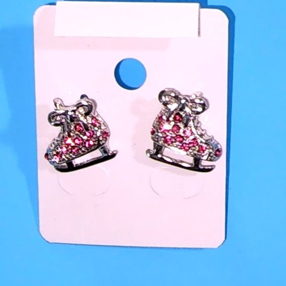 Ice Skates Earring PINK/Post/Shoe-Boot Charm Earring/Pink Rhinestone Crystal - Picture 5 of 11